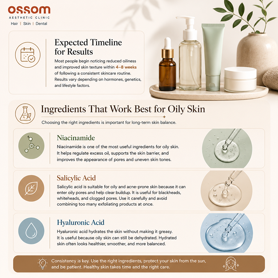 Best Ingredients for Oily Skin - Infographic covering niacinamide, salicylic acid and hyaluronic acid